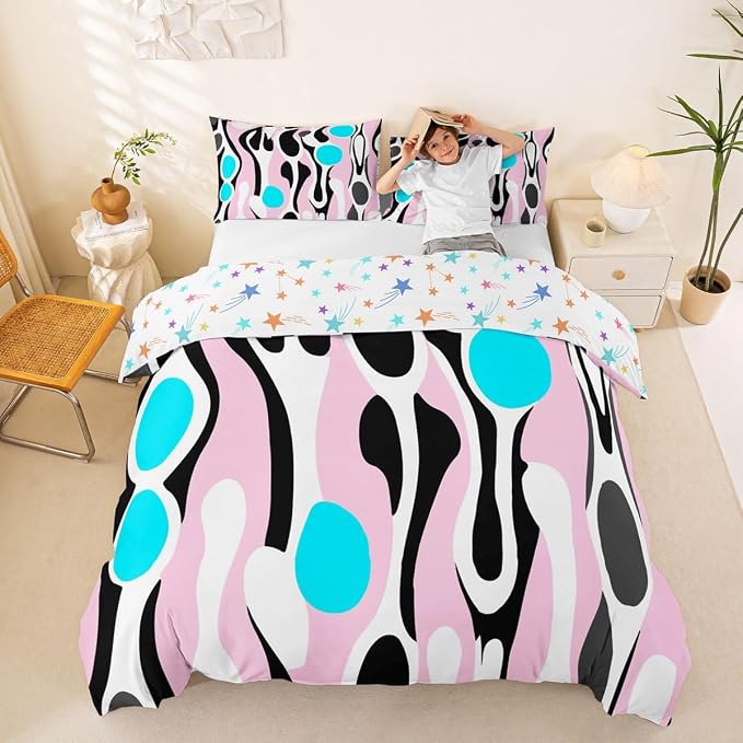 Erosebridal Mid Century Modern Abstract Duvet Cover Set Vintage Geometric Queen Bedding Set for Children Boys Contemporary Organic Shapes Comforter Cover Squiggle Blob Bed Sets,Light Pink Cyan