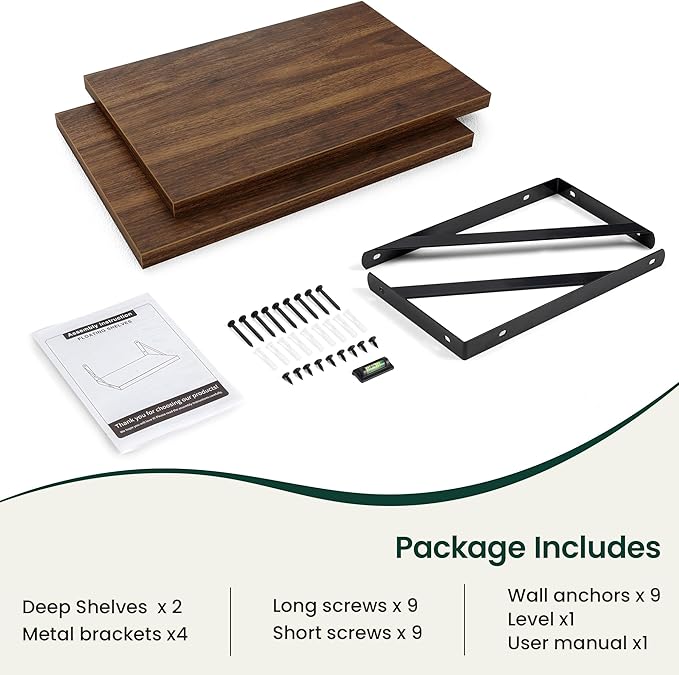 Floating Shelves, 12 Inch Deep Rustic Wood Wall Storage, 16W x 12D Wall Shelves Set of 2, Heavy Duty Metal Brackets, Large Industrial Book Shelf for Living Room, Kitchen, Bedroom, Walnut