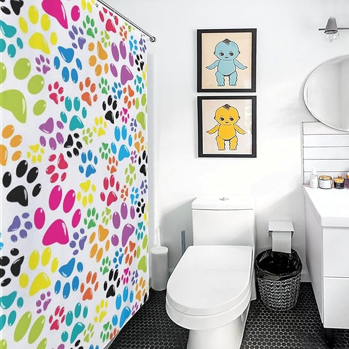 Dog Print Shower Curtain Cute Colorful Dogs Paws Duty Fabric Shower Curtains Set Bathroom Polyester Waterproof with 12 Hooks, 55x72Inch（140x183cm）
