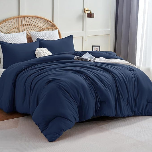 CozyLux Full Size Comforter Set Navy Blue, 3 Pieces Lightweight Down Alternative Quilted Bedding Sets, All Season Soft Breathable Solid Comforter with 2 Pillowcases, Luxury Bed Set Gift for Home