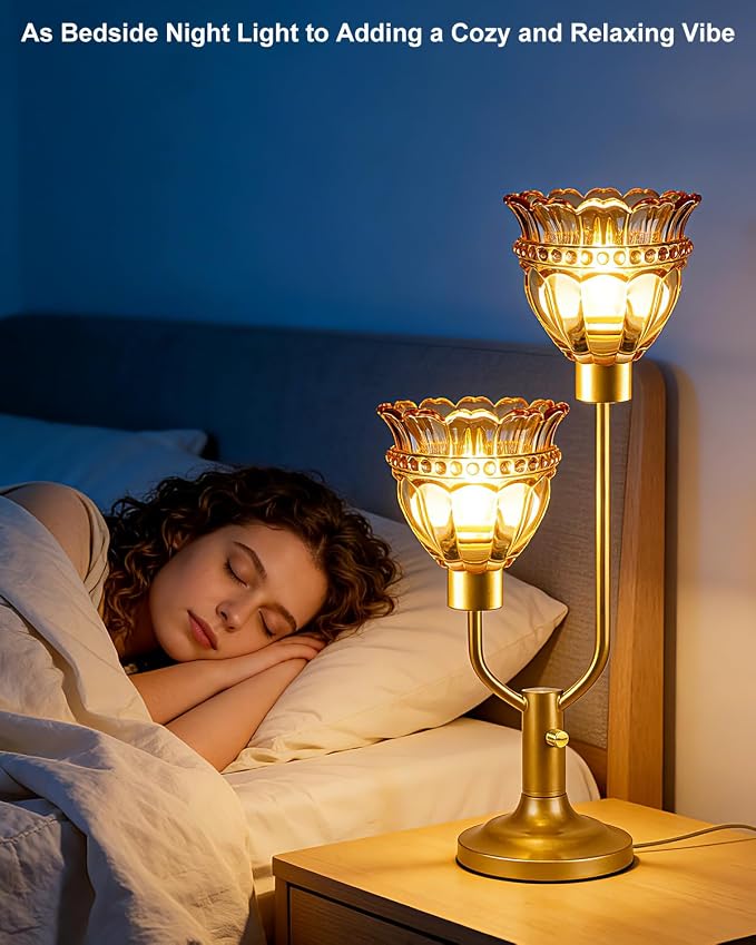 Lightdot Vintage Table Lamp for Living Room Dimmable Mid Century Modern Gold Desk Lamp Amber Glass Nightstand Lamp 2 Bulbs Included Warmwhite Ambient Bedside Lamps for Bedroom Home Office Decor Gift