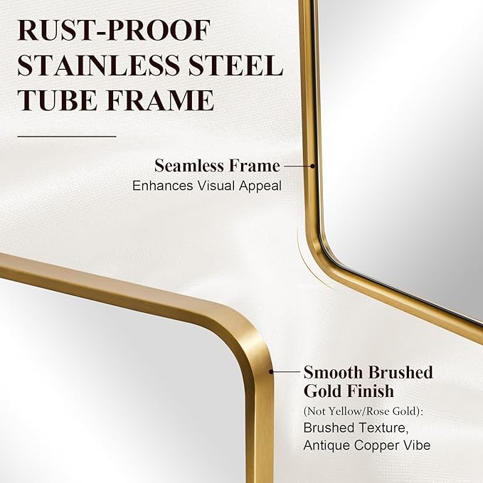 ANDY STAR 24x30’’ Gold Bathroom Mirror, Brushed Brass Mirror, Rounded Rectangle Mirrors for Bathroom Sink, Rustproof Tube Metal Framed, 1’’ Deep Wall Mounted Vertical/Horizontal