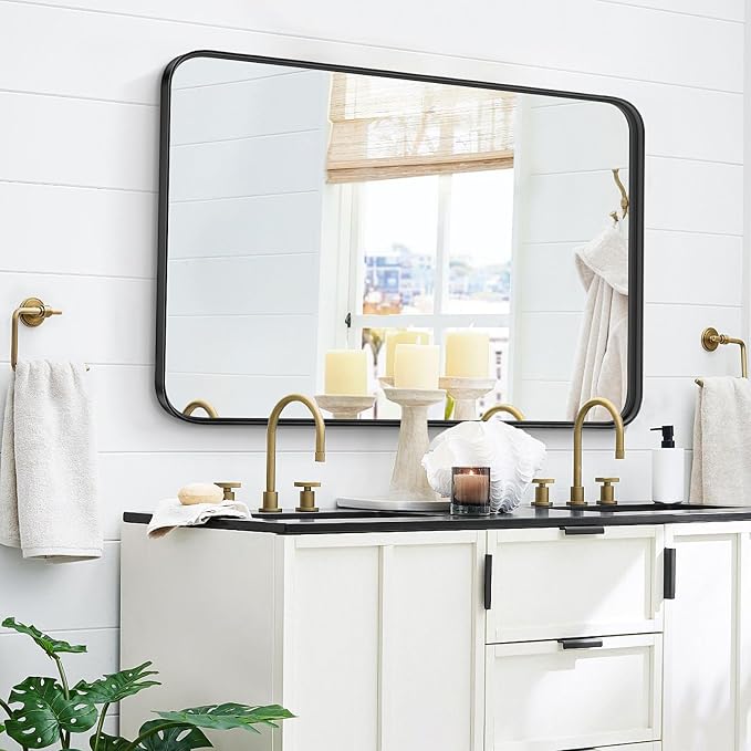 NEWBULIG 30X40 Inch Bathroom Wall Mirror, Vanity Bathroom Mirrors for Over Sink Tempered Glass, Anti-Rust Metal Framed Rounded Rectangle, Hangs Horizontally or Vertically, Farmhouse Home Decor, Black