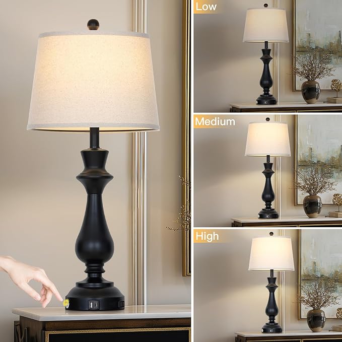 Modern Black Table Lamps Set of 2 for Living Room,30" Tall Bedside Lamp with USB Charging Port,3-Way Dimmable Touch Nightstand Lamp for Bedroom Desk Side Table Office,Black