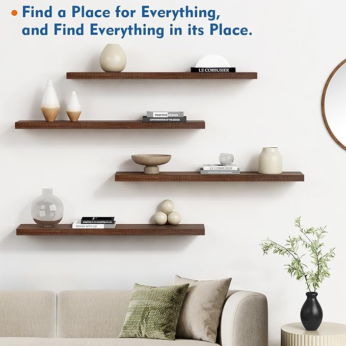 Walnut Brown Floating Shelves 36 Inch 2-Pack, Large Wooden Wall Shelves for Living Room Decor, Long Deep Hanging Shelves for Bedroom Kitchen Bathroom Office Books Pictures (Dark Wood)