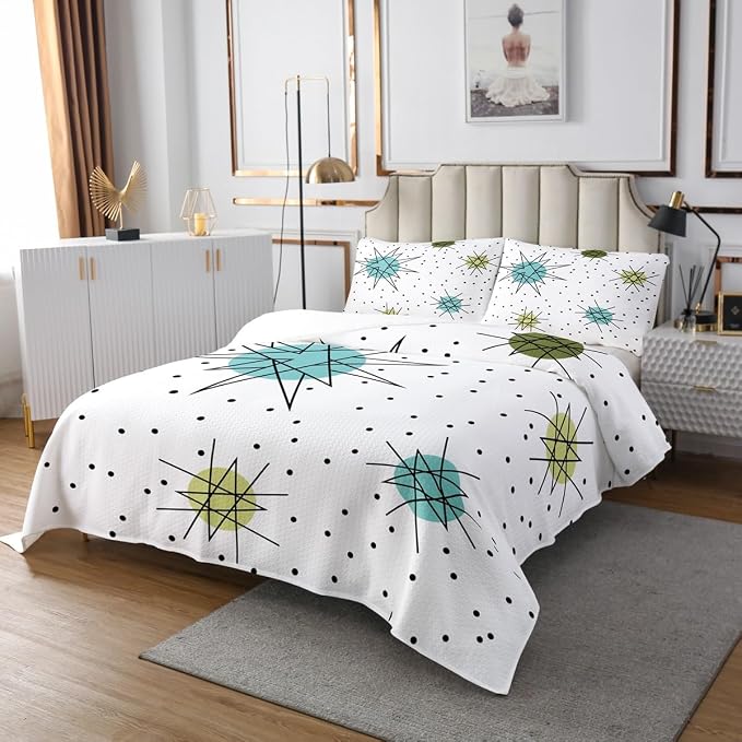 Erosebridal Geometric Polka Dots Twin Quilt Set Modern Mid Century Coverlet Set, Boho Minimalism Bedding Set Hippie Atomic Bedspread Set, 1950s Old Fashion Bed Quilt Super Cozy 2pcs