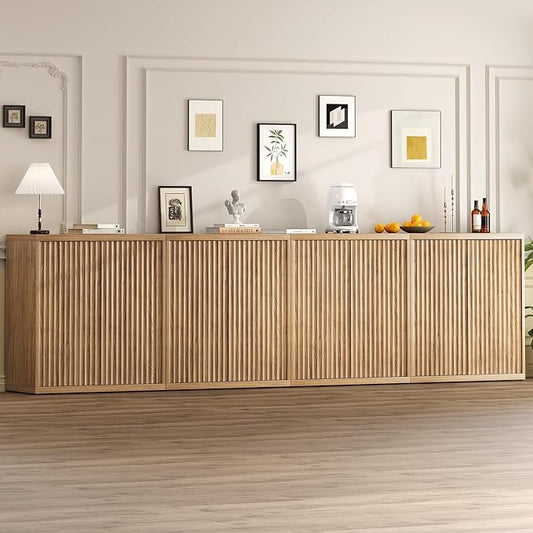 31” Sideboard Cabinet with Storage, Fluted Accent Cabinet with Adjustable Shelves, Modern Wood Credenza Cabinets with Pop-up Doors for Entryway Kitchen Living Room Hallway, Oak 4pcs