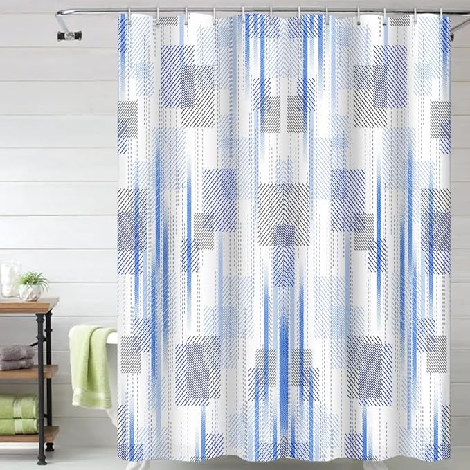 Abstract Style Shower Curtain Blue Grey Geometric Lines Pattern Shower Curtains for Art Aesthetic Bathroom Waterproof Fabric Decor Set with Hooks, 72W x 72H Inch
