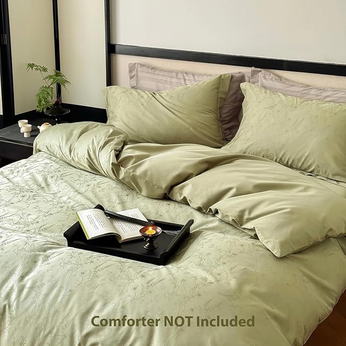 100% Cotton Duvet Cover Queen Size, Soft Luxury Green Duvet Cover Set for All-Season, Botanical Floral Bird Pattern - 1 Duvet Cover 90x90 Inches with Zipper Closure and 2 Pillowcases