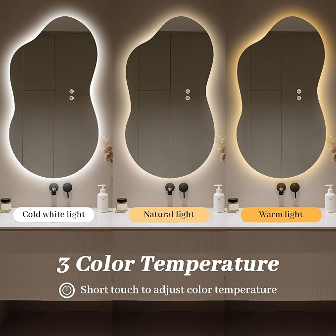 WallBeyond 36"x20" Irregular LED Vanity Mirror with Backlight, Asymmetrical Bathroom Mirror with Lights for Makeup or Modern Sink Area, Anti-Fog & Dimmable, Horizontal/Vertical Mount
