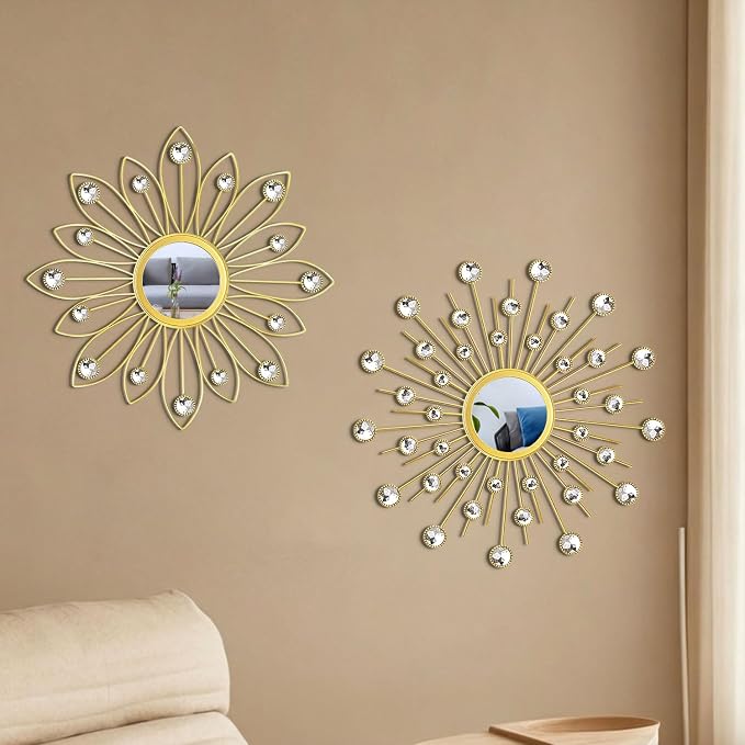 2 Pack Metal Mirrors for Wall Boho Sunburst Wall Mirror Home Decor Modern Decorative Wall Art for Bedroom Living Room Entryway