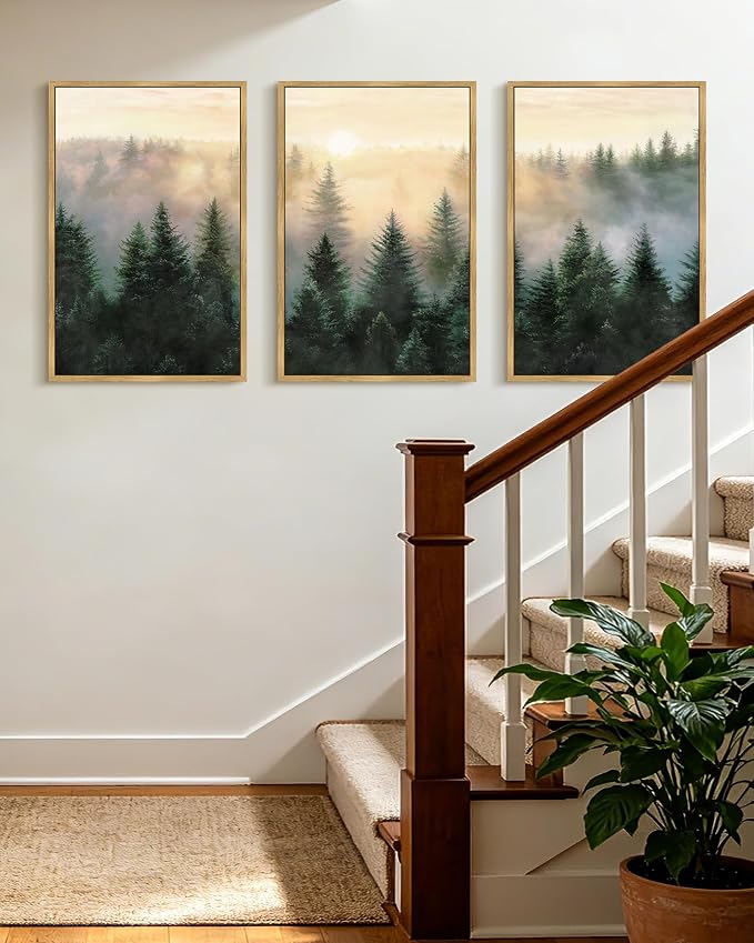 KUVIOKE Sun Dawn Fog Pine Tree Framed Wall Art Morden Nature Nordic Forests Artwork Bedroom Decor 16x24in (Natural Framed)