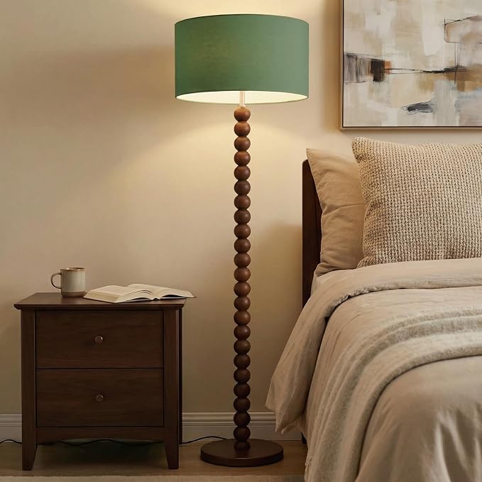Buruis 61" Beaded Wood Floor Lamp with 17.2" Large Linen Shade, Retro Mid-Century Accent Walnut Finish Standing Lamp for Living Room, Bedroom, Office, Corner, UL Listed, Bulb Not Included, Green