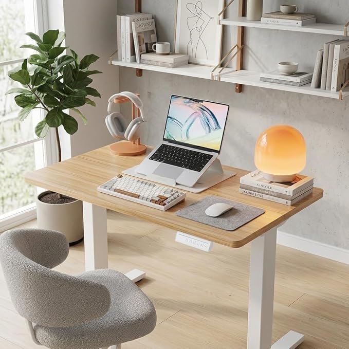 HUANUO 32" Small Electric Standing Desk Adjustable Height, 4 Memory Height Settings, Sit Stand Up Desk for Home Office & Computer Workstation, LightWalnut
