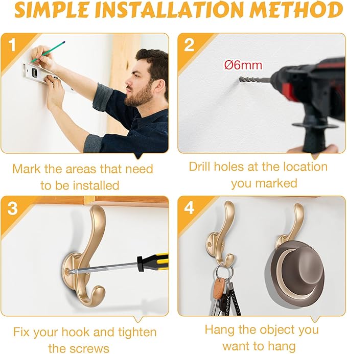 8 Pack Coat Hooks Wall Mount Heavy Duty Utility Retro Double Hooks for Hanging Coats,Hat, Towel, Key, Robe, Scarf, Bag, Cap (Gold)