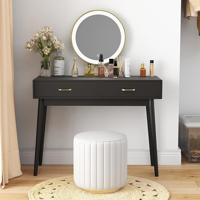 FUNKOCO Small Black Desk with Drawers - 40 Inch Home Office Study Writing Desk for Bedroom, Vanity Desk with 4 Solid Legs, Modern Computer Desk for Small Spaces (Balck)