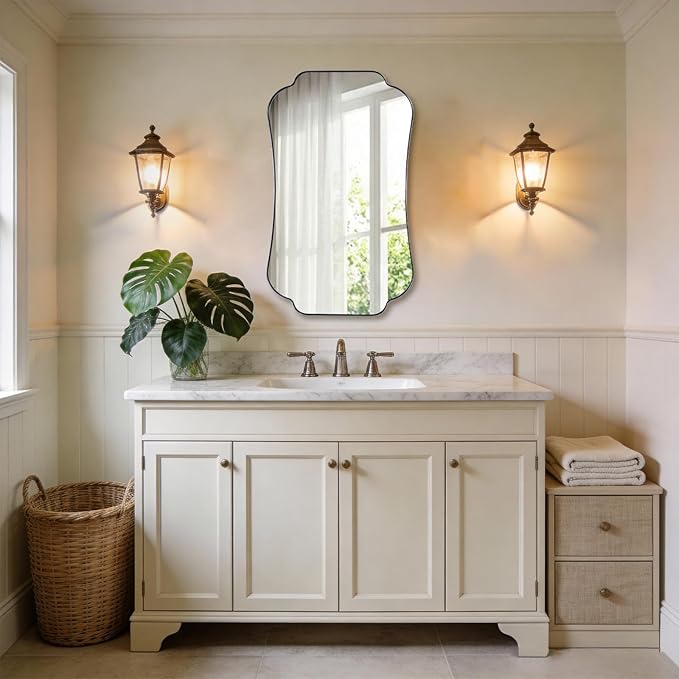 ANDY STAR 24"x40" Chrome Mirror, Scalloped Bathroom Wall Mirror in Anti-Rust Stainless Steel Metal Frame 1’’ Deep, Hangs Vertically/Horizontally