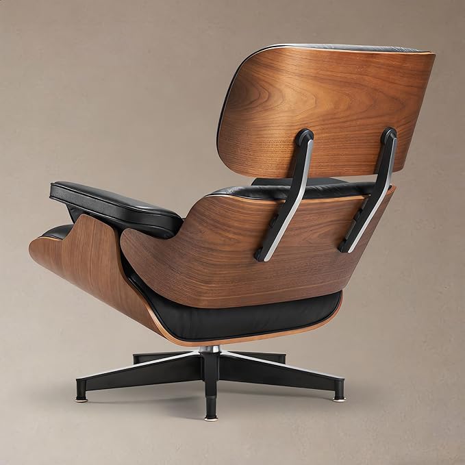 Top Black Grain Leather, Mid Century Chaise Lounge Chair and Ottoman, Leather Accent Chair, Modern Chair, Classic Design, Heavy Duty Base Support for Living Room Lounge Office, Walnut, Heightening