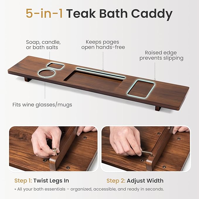Teak Wood Bathtub Tray Caddy, 39 Inch Adjustable Bath Tub Tray for Freestanding Tubs, with Non-Slip Phone & Wine Glass Holder, Book Stand for Relaxing Bath