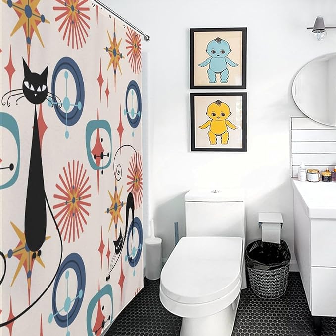 Mid Century Black Cat Shower Curtain,Modern Atomic Retro Abstract Geometric 60s 70s Iconic Decor Fabric Bathroom Curtain with Hook 66x72in（168x183cm）