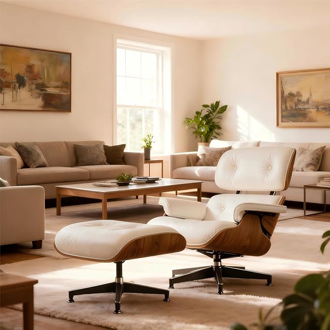 Top Grain Leather,Mid Century Chaise Lounge Chair and Ottoman, Reading Chair, Leather Accent Chair, Modern Chair, Classic Design, Heavy Duty Base Support for Living Room Lounge Office