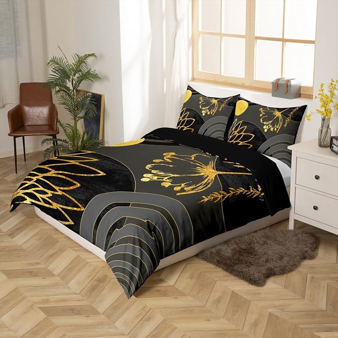 Erosebridal Gray Black Modern Queen Comforter Cover for Minimalist | Abstract Mid Century Duvet Cover Bohemian Leaf Floral Botanical Bed Set Aesthetic Modern Geometric Bedding Set