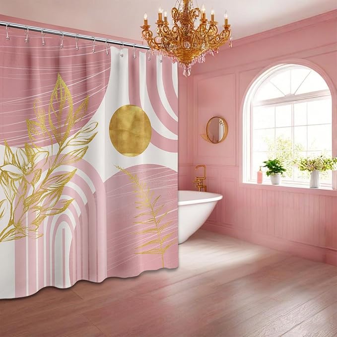 Blush Pink and Gold Shower Curtain Boho Mid Century Light Pink and White Shower Curtains for Bathroom Decor, Waterproof Cloth Fabric with Hooks, 70" W x 72" L