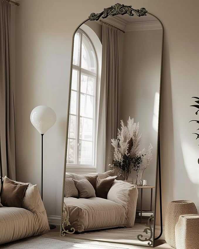 Antok Arched Full Length Mirror, 71"x28" Floor Mirror with Carved, Full Body Mirrors for HomeDecor, Standing/Halling Large Wall Mirror for Bedroom, Living Room, Cloakroom, Bronze, Luxury Style