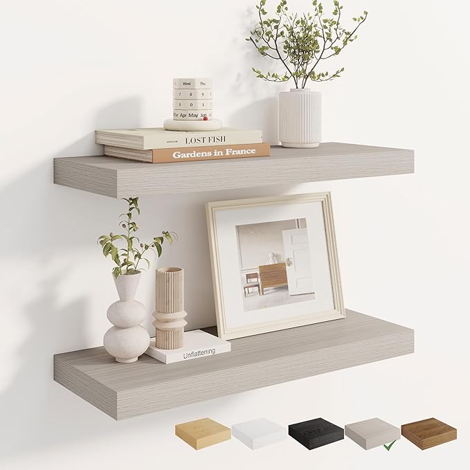 Dreamland 24 Inches Floating Shelves for Wall, 8" Deep Long Floating Shelves Set of 2, Large Display & Storage Shelf, Wall Shelf for Bathroom Bedroom Living Room Kitchen Office, Grey
