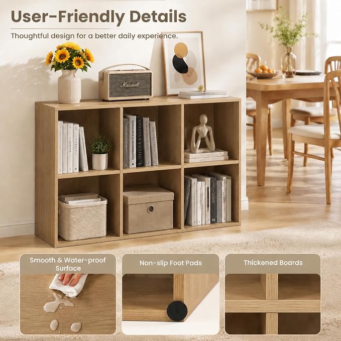 POWERSTONE 6 Cube Storage Organizer, Open Cube Bookshelf with Back Panels, Modern Display Cubby Bookcase for Bedroom Living Room Home Office, Natural