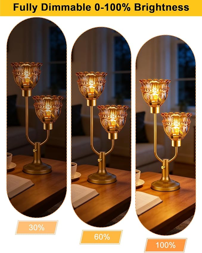 Lightdot Vintage Table Lamp for Living Room Dimmable Mid Century Modern Gold Desk Lamp Amber Glass Nightstand Lamp 2 Bulbs Included Warmwhite Ambient Bedside Lamps for Bedroom Home Office Decor Gift