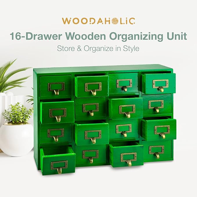 Emerald Green Wood 16-Drawer Apothecary Small Cabinet - 20"x3.6”x14” Card Catalog Style Table Top Organizer - Wooden Storage Box w/16 Drawers - 4-Level Countertop Organizer w/Label Holders & Handles