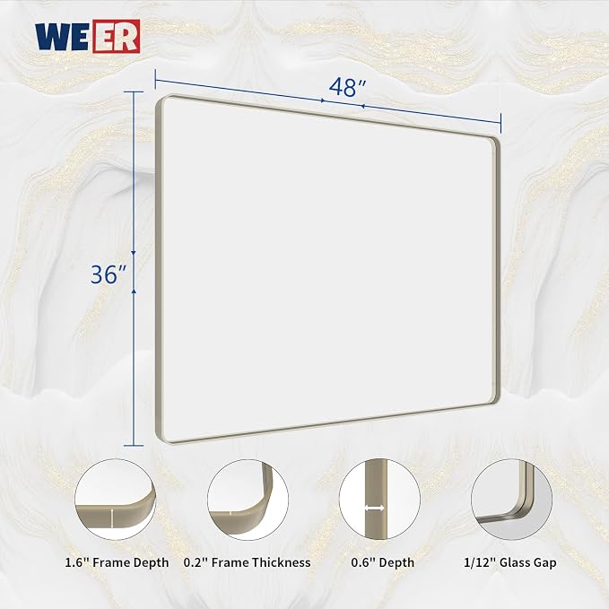 WEER 48X36 Inch Brushed Nickel Bathroom Mirror, Brushed Silver Metal Frame Mirror, Rounded Rectangle Silver Bathroom Vanity Mirror, Tempered Glass, Anti-Rust, Hangs Horizontally or Vertically