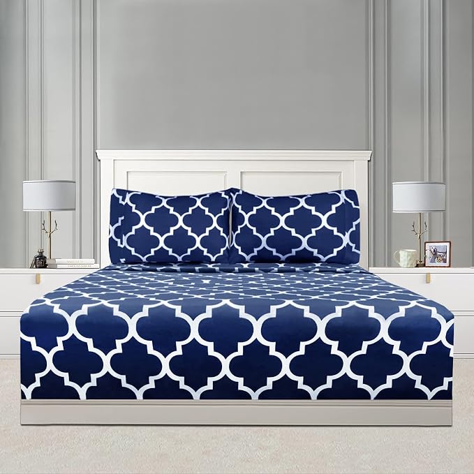 Mejoroom Full Bed Sheet Set - Super Soft Brushed Microfiber 1800 Thread Count Sheets with 16 inch Deep Pocket - Wrinkle Free - 4 Piece(Full, Navy Quatrefoil with White Pattern)