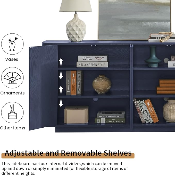 LKTART 64" Buffet Cabinet with Storage, Modern Fluted Accent Sideboard Media Console Credenza with Adjustable Shelves Pressed Spring for Kitchen Living Room,31.5" H (Blue)
