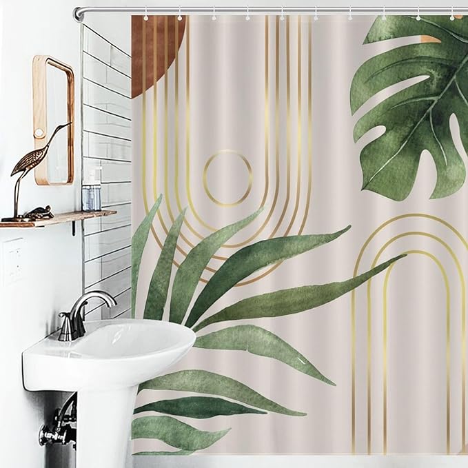 Boho Shower Curtain, Mid Century Modern Abstract Tropical Palm Sage Green Leaf Botanical Bohemian Aesthetic Arch Waterproof Fabric Bath Shower Curtain Set with Hooks, 72"x84" Inch