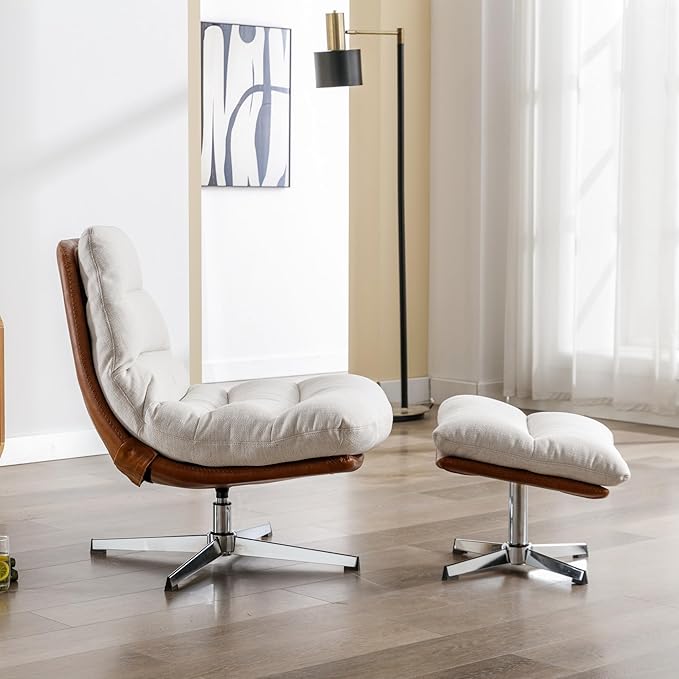 Swivel Accent Chair with Ottoman, Mid Century Modern Linen Lounge Chair with footrest, Comfy Oversized Armchair with 360 Degree Metal Base for Living Room/Bedroom, Cream