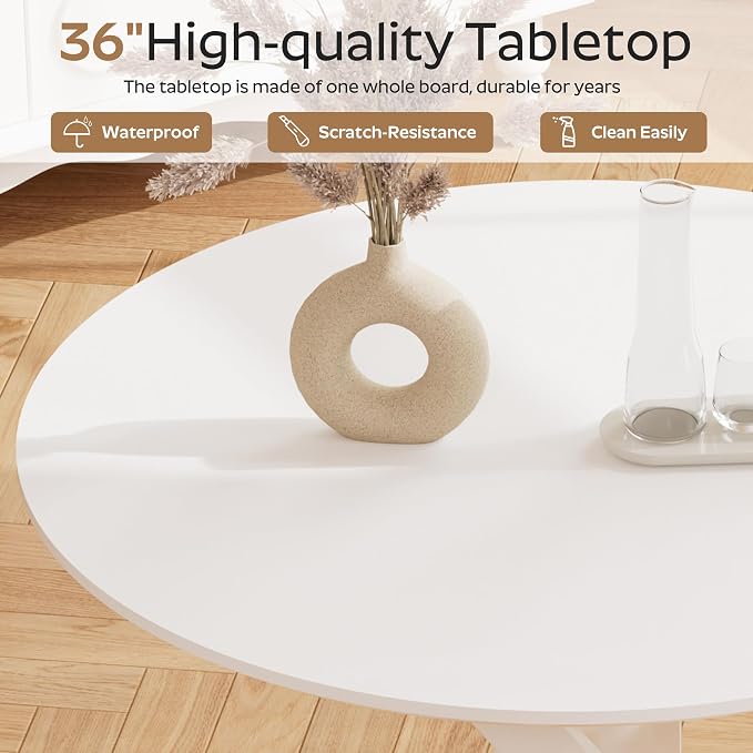RGZ Mid Century White Round Dining Table Set for 2, 36" Small Wooden Circle Kitchen Table & 2 Black PU Leather Kitchen Chairs, Dinner Table Set for Home, Apartment, Dining Room