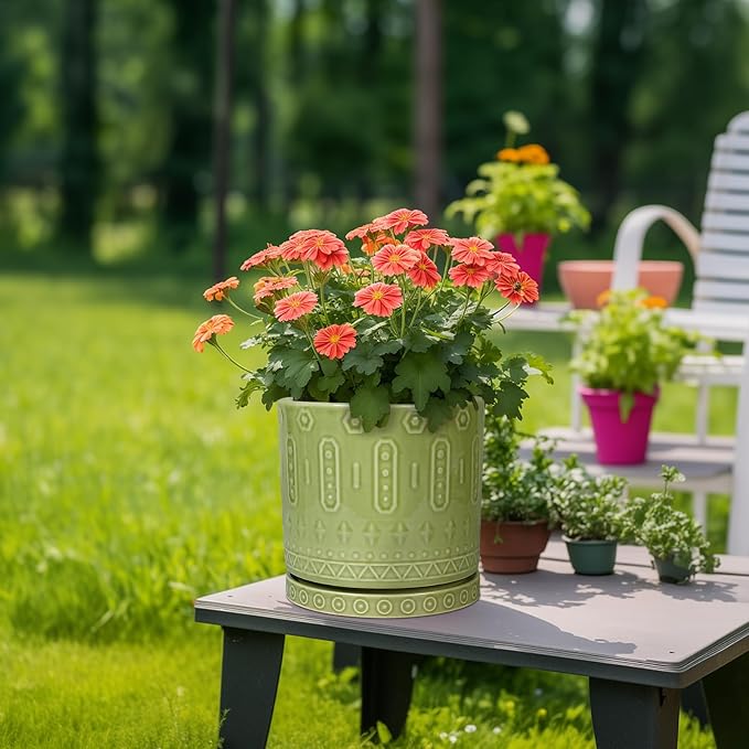 Eightpot Ceramic Pot for Plants - 10 Inch Indoor Plant Pots with Drainage Holes and Saucer, Boho Round Planter Outdoor, Decorative Large Planter for Flower, Living Room Decor, Garden Gifts, Green