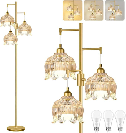 Dimmable Floor Lamps for Living Room Bedroom,Gold Floor Lamp with Glass Lampshape 3 Color Temperatures, Flower Mid Century Modern Standing Lamp Glass Tall Floor Lamps for Living Room Bedroom,Corner