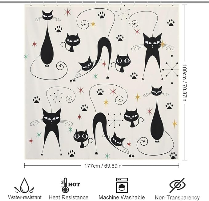 Mid Century Modern Shower Curtain,Retro Atomic Cat Star Paw Print Retro Abstract Geometric 1960s Fabric Bathroom Decor Curtains with Hooks 72x72in（183x183cm）