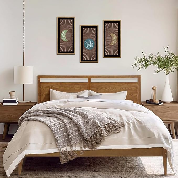 IARTTOP Moon Phase Wood Wall Decor Set of 3 Celestial Botanical Wall Art Boho Abstract Geometric Art Prints Minimalist Floral Moon Phase Decor for Home Living Room Bedroom 7.9x15.8Inch Framed