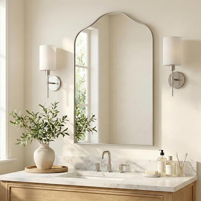 ANDY STAR Scalloped Arched Mirror, 26x38 Brushed Nickel Irregular Bathroom Mirror for Vanity, Asymmetrical Curved, Silver Rustproof Stainless Steel Frame, for Over Sink, Bedroom, Mantel, Fireplace