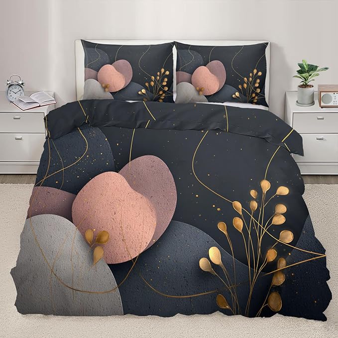 Mid Century Modern Abstract Duvet Cover Full Size, Dark Gray Black Rose Pink Geometric Bedding Set 3 Piece, Abstract Geometric Botanical Patterned Comforter Cover with Zipper, 2 Pillowcases
