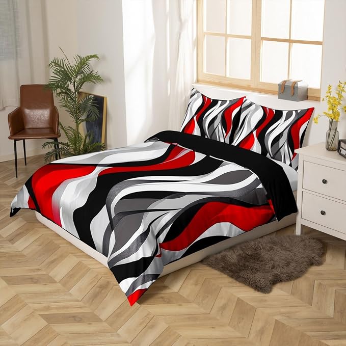 Red Black Stripes Duvet Cover Set Queen Size,Abstract Geometric Wave Striped Bedding Set,Boys Girls Room Decor,Contemporary Minimalist Comforter Cover,Simple Quilt Cover,2 Pillowcases(No Filler)