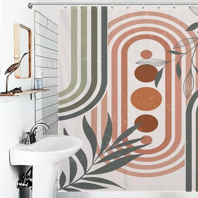 Mid Century Boho Sage Shower Curtain, Abstract Bohemian Mid Century Plant Leaf Rainbow Dots Washable Waterproof Fabric for Bathroom Decor Bathtub with 12 Hooks 72x72in (183x183cm)