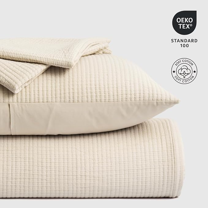 EVERGRACEHOME Cotton Gauze King Bedspread, Ultra Soft Prewashed Pick Stitch Matelassé Coverlet, Lightweight Textured Oversized King Quilt Bedding Set for All Season, with 2 Shams, Soft Oat