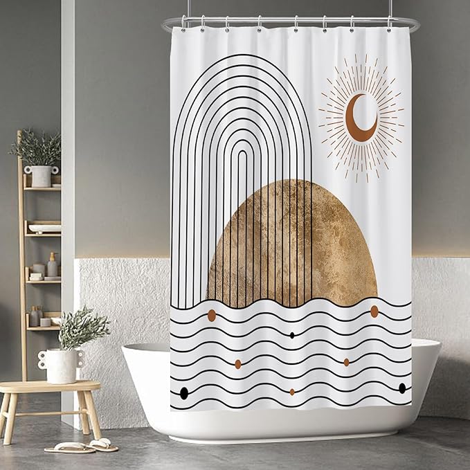Baocicoo Boho Mid Century Shower Curtain Abstract Wave Shine Crescent Abstract Sun and Moon Shower Curtain for Bathroom Cubicle Durable Fabric Waterproof Curtain for Bathroom with Hooks 48x72 Inches