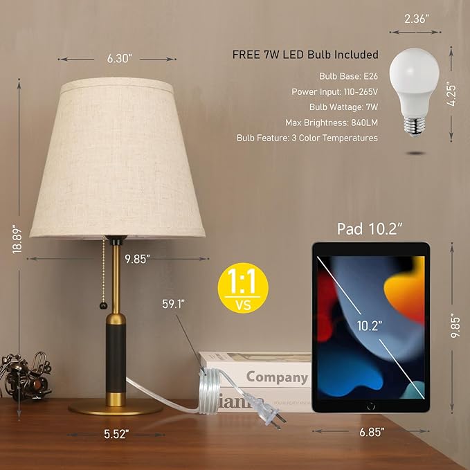 18.9" Modern Mid Century Table Lamp Pull Chain Bedside Lamps for Nightstand Lamp for Bedroom Living Room 3-Color Light Solid Wood/Metal/Fabric for Home Office Dorm Decor (Light Brown+Brass)