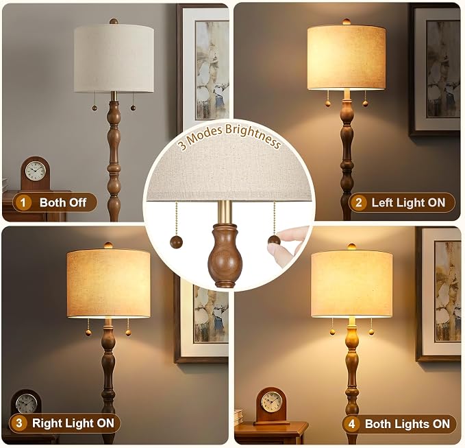 Scenekoy 65.5 Natural Real Wood Floor Lamp for Living Room Bedroom, Dual Pull Chains Switch, Wooden Base, Rustic Farmhouse Standing Floor Lamp with Linen Shade for Living Room Bedroom Office